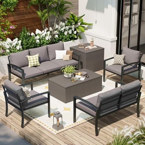 U-MAX Metal Patio Furniture Set, 7 Pieces Outdoor Sectional Conversation Set with 2 Storage Boxes, Patio Deal Outdoor Couch Sofa Modern Setting Set with Dark Grey Cushions for Lawn, Backyard, and Deck
