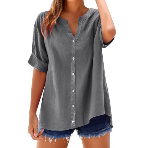 Big+Deals+Day+2025 Amazon+outlets Black Linen Shirt Women Spring+Deals+2025 Summer Blouses for Women 2025 Trendy Amazon+haul+Items deep v Neck Tops for Women Tshirt Women Dark Gray XL