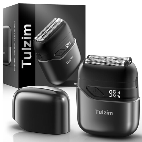 Tulzim Mini Electric Razor for Men: Foil Shaver for Beard/Face - 3 Floating Blade LED Display USB-C Fast Rechargeable - IPX7 Waterproof for Travel & Home - Light Gray