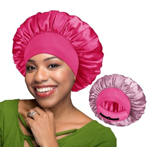 BONNET QUEEN Silk Bonnet for Sleeping for Women Satin Bonnet Double Layer Reversible in 2 Color Adjustable Hair Bonnet Satin Lined Night Sleep Cap for Curly Hair, Hot Pink+Dark Rose Gold