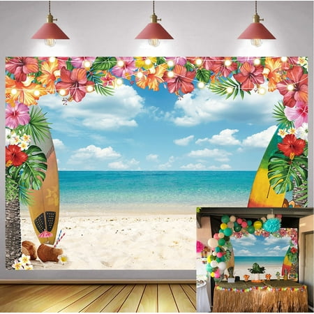 7x5FT Hawaii Backdrop Summer Tropical Beach Backdrop Flowers Blue Sky Surfboard Luau Backdrop Birthday Party Decorations