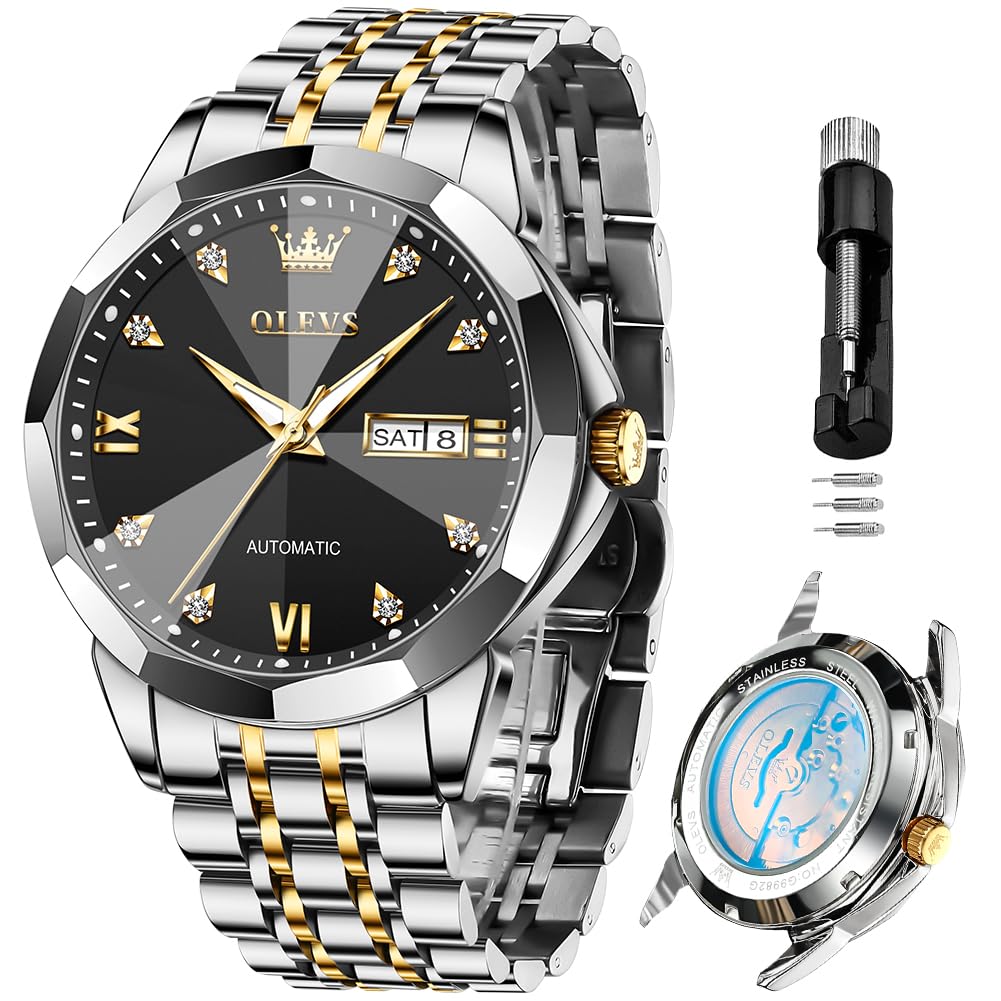 OLEVS Automatic Watches for Men Business Dress Watch Mechanical Stainless Steel Waterproof Self Winding Classic Date Luxury Diamond Men Wrist Watch