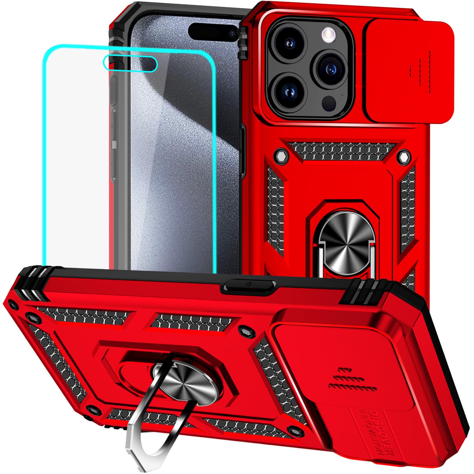 HNHYGETE for iPhone 15 Pro Case with HD Screen Protector: [Military Grade 20ft. Drop Tested] Ring Shockproof Protective Phone Case for - iPhone 15 Pro (Red)