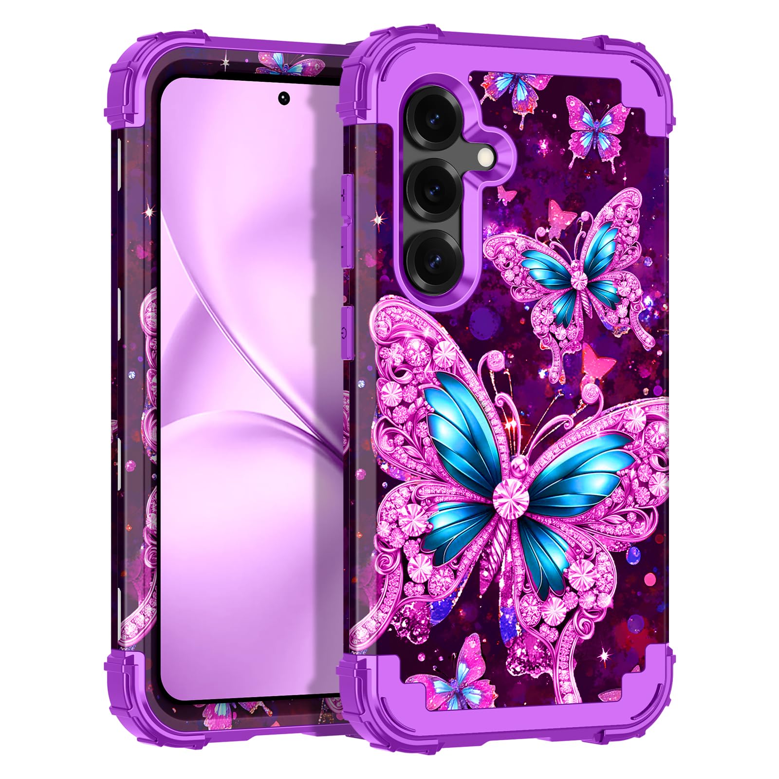 LONTECT for Galaxy S25 5G Case Shockproof 3 in 1 Heavy Duty Rugged Hybrid Sturdy High Impact Drop Protective Cover Flower Case for Samsung Galaxy S25 5G 2025,Moonlight Dark Butterfly