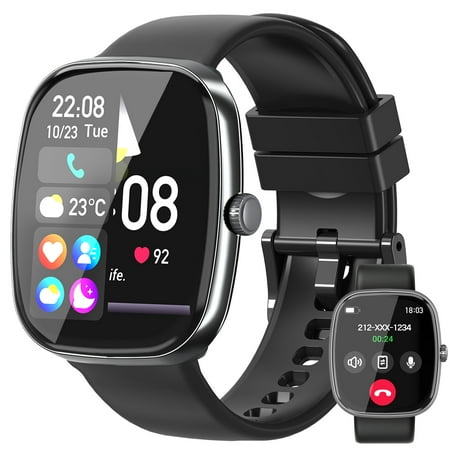 TPUFO Smart Watch Fits for iPhone and Android, 1.85-inch HD Fitness Tracker with Bluetooth Call Function, 120+ Sport Modes, IP68 Waterproof, Black