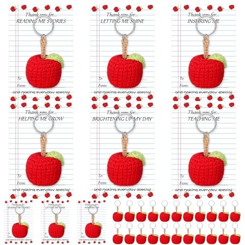 Sureio 12 Pcs Teacher Appreciation Keychain End of the Year Teacher Gifts with Thank You Card Crochet Apple Handmade Keychains Bulk Graduation Back to School