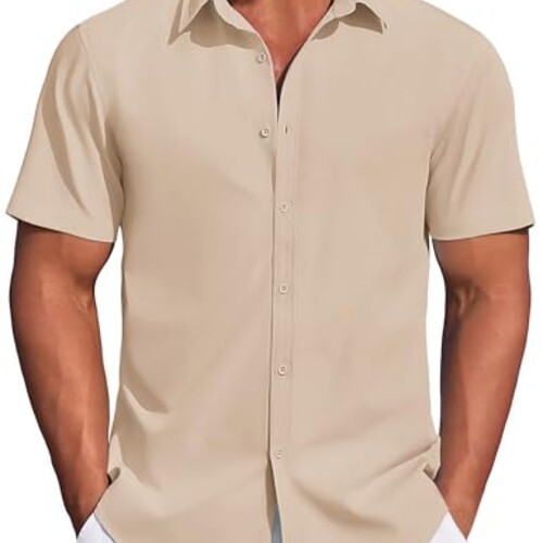 COOFANDY Mens Button Up Short Sleeve Dress Shirt Summer Casual Stretch Shirt Wrinkle Free Lightweight Fitted Shirts Cream