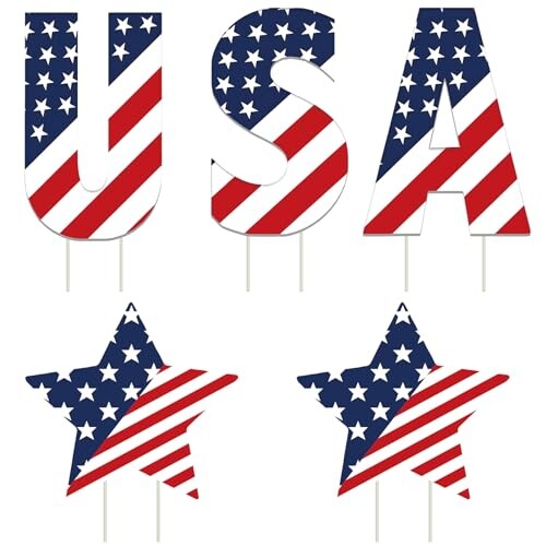 Independence Day Yard Signs, 4th of July, Memorial Day Outdoor Decorations Set of Stars and USA Letter, Patriotic Party Lawn Patio Sign with Stakes, Independence Day Party Decorations