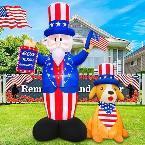 7FT Patriotic Independence Day 4th of July Inflatables Outdoor Decorations, Inflatable Uncle Sam with Dog, Built in LED Lights Blow up Fourth of July Decor for Holiday Party Garden Yard Lawn