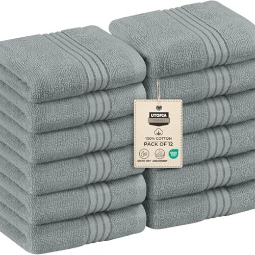 Utopia Towels 12 Pack Premium Wash Cloths Set, 12 by 12 Inches, 100% Cotton Ring Spun, Highly Absorbent and Soft Feel Washcloths for Bathroom, Spa, Gym, and Face, Cool Grey
