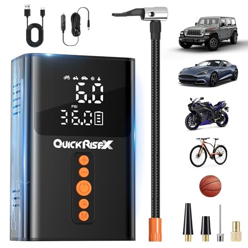 QuickRiseX 160 PSI Portable Air Compressor | Stainless Steel Body | Rechargeable Tire Inflator Portable Air Compressor for Car, Bike Pump, Motorcycle, Sports Equipment, Air Mattress