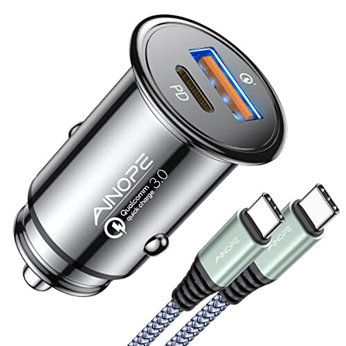 AINOPE 67.5W Car Charger USB C Fast Charging, [Invisible Design] All Metal Dual Port QC3.0 Cigarette Lighter Adapter USB Charger, for iPhone 16 Pro Max 15 14 13 12,Samsung Galaxy S25 Android, Black
