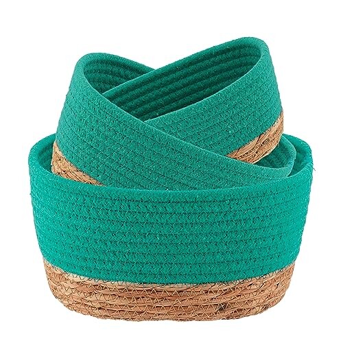 Classic Cotton Storage Baskets Organizer Padang Bins Stackable for Shelves- Set of 3 - Ideal as Diaper Basket, Dog Toy Basket, Laundry Basket or Baby Gift Basket (Green Caribbean/Natural)