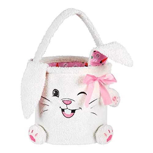 Easter Basket for Kids Empty– White Plush Bunny Easter Bucket with Rabbit Ears, Large Easter Tote Bag for Egg Hunting, Party Favors, Decorations & Storage, Easter Gifts for Girls