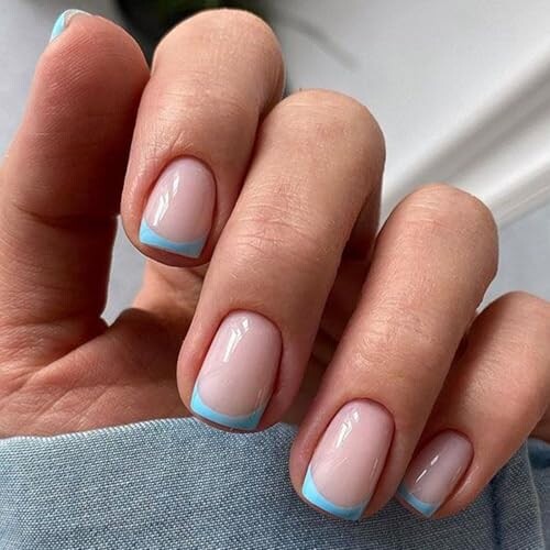 Modelones Blue French Tip Press On Nails, Spring Summer Short Square Fake Nails, Easter Reusable Nail Kit with Nail Glue Adhesive Tabs Mini Nail File, Nails Press Ons 32Pcs 16 Sizes