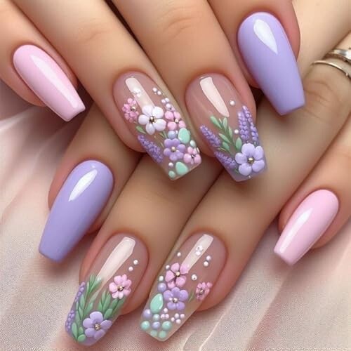 3D Flower Press on Nails Medium Coffin Fake Nails with Spring Fresh Flower Designs Glue on Nails Purple Pink Acrylic Press on Nails Kits Full Cover False Nails with Glue Stick on Nails for Women 24PCS