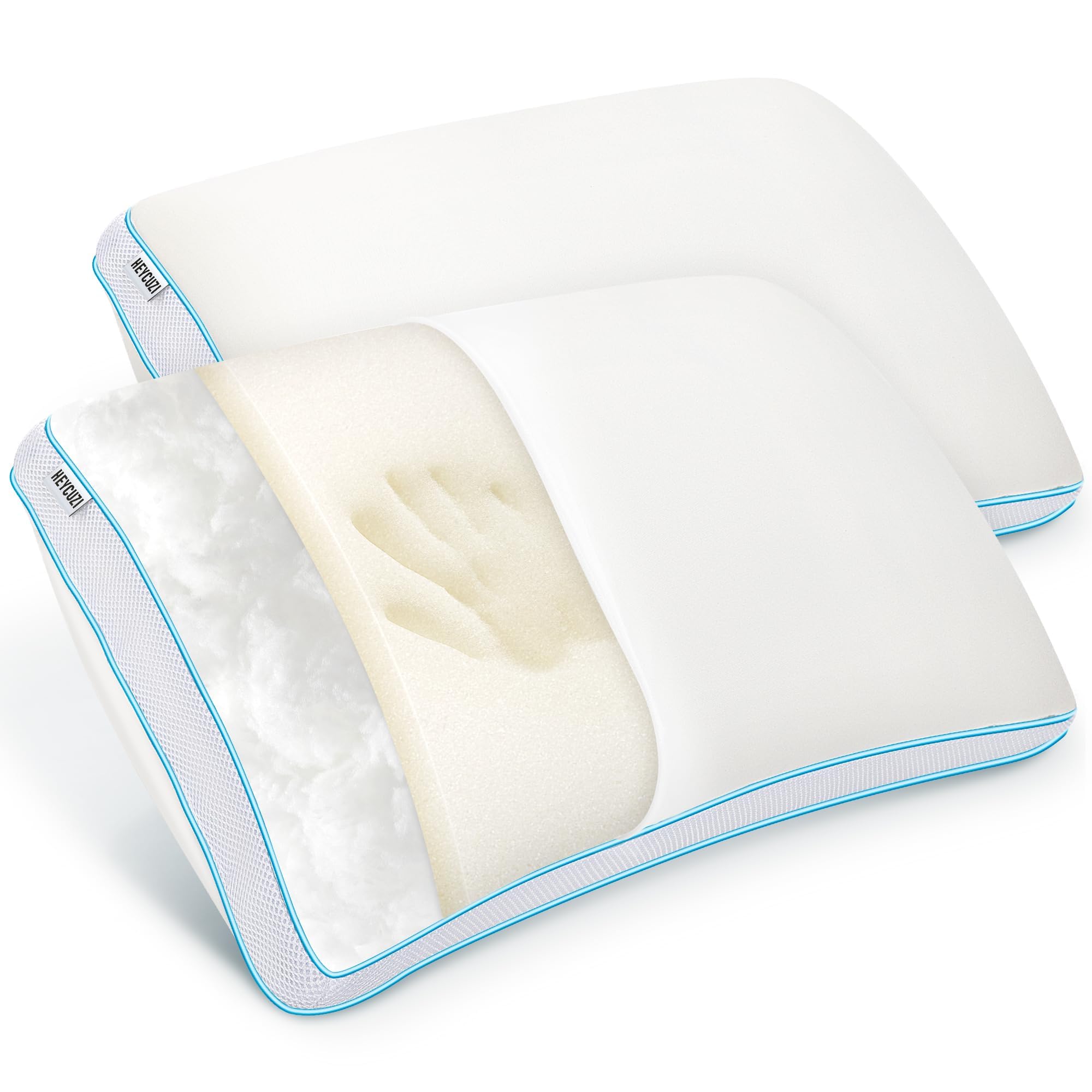 HEYCUZI Pillows Queen Size Set of 2 for Sleeping - Fluffy Down Alternative Microfiber and Memory Foam Fill, Gusseted Soft Bed Pillow for Side,Stomach and Back Sleepers,Breathable Hotel Pillows(Medium)