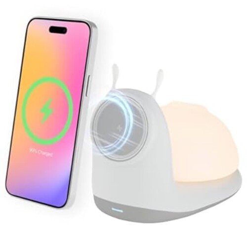 for Mag-Safe Charging Stand Wireless Charger: 15W Fast Charging Station with Light for iPhone 16e 16 15 14 13 12 Pro Max - Desktop Nightstand Snail-Shaped Detachable LED Lamp Bedside Cordless Light