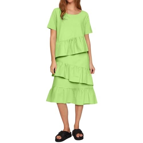 Women's Spring Summer And Linen Dress Casual Solid Color Round Neck Short Sleeve Pleated Long Skirt Dress Loose Fit