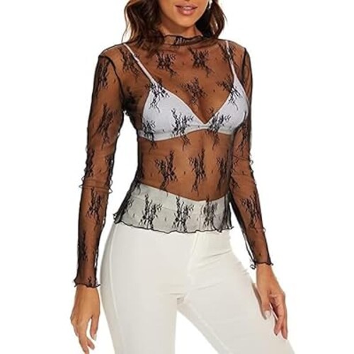 HIZIPOP Mesh Lace Long Sleeve Tops for Women Mock Neck Sheer Shirt See Through Floral Layering Top