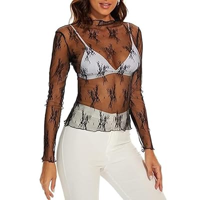 HIZIPOP Mesh Lace Long Sleeve Tops for Women Mock Neck Sheer Shirt See Through Floral Layering Top