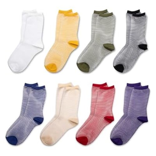 RAFRAY Sheer Socks For Women – Colorful See Through Light Women’s Socks with Striped Pattern – Crew Length – 8 Pairs – Size US W 5-9.5