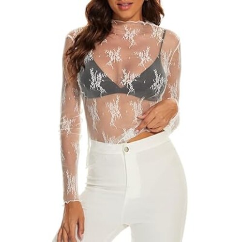 HIZIPOP Mesh Lace Long Sleeve Tops for Women Mock Neck Sheer Shirt See Through Floral Layering Top
