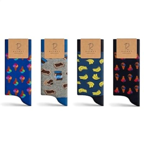 RAFRAY Funky Socks - Premium Socks in Gift box - Ice Cream-Peanut Butter-Banana Design - Premium Cotton - 4 pair - Size US M 7-11.5
