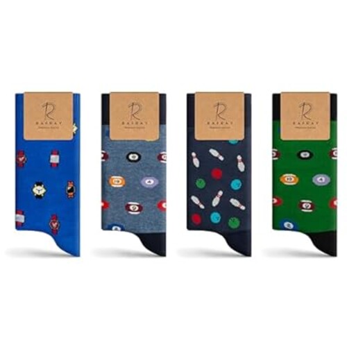 RAFRAY Funky Socks - Premium Socks in Gift box - 8-Pool-Bowling-Watch - Game Design - Premium Cotton - 4 pair - Size US M 7-11.5 / EU: 40-44