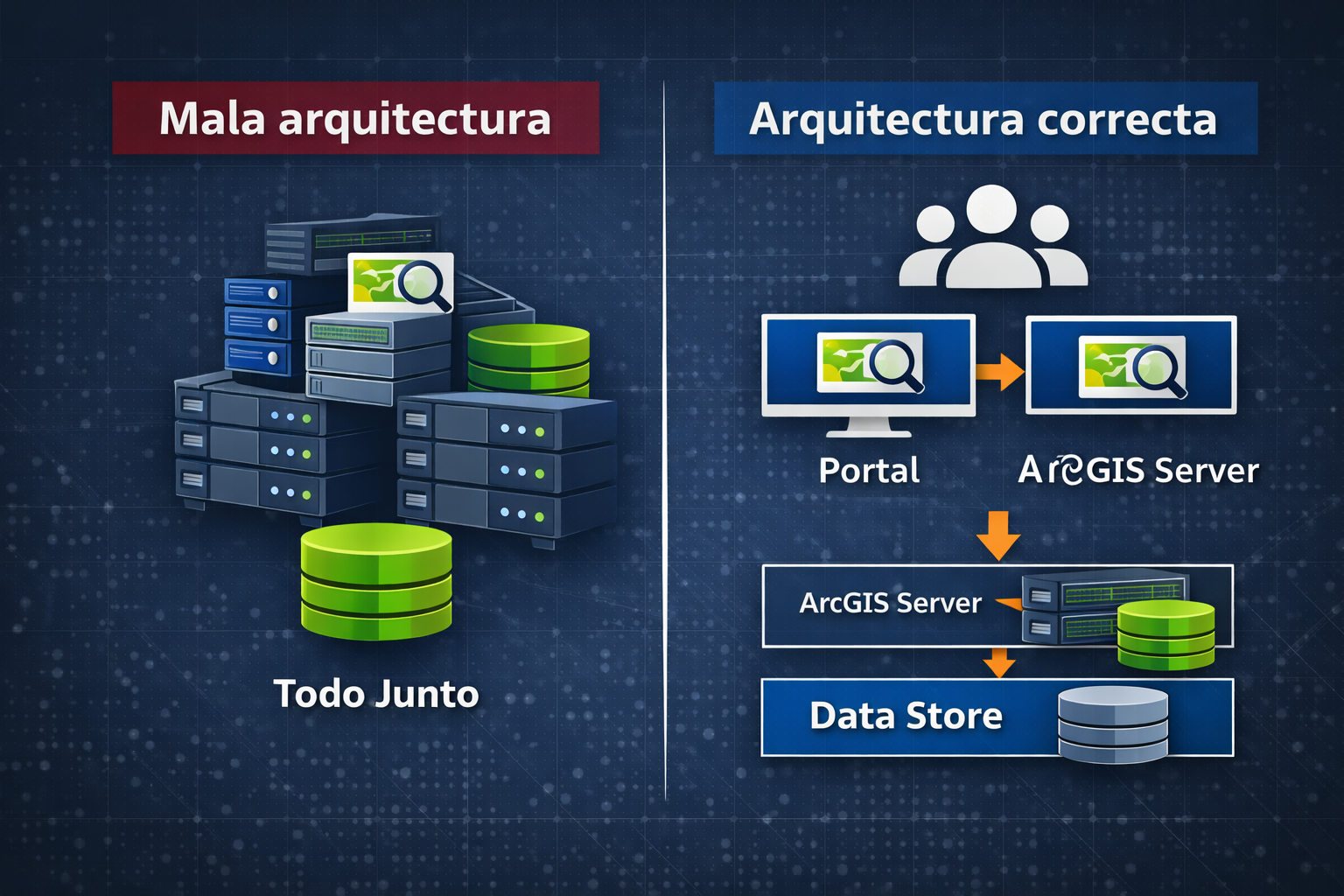 Error versus correcto en arquitectura GIS