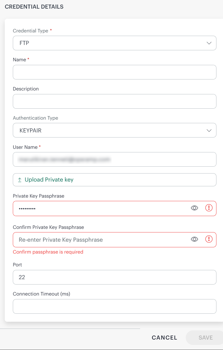 Create FTP Credentials screen
