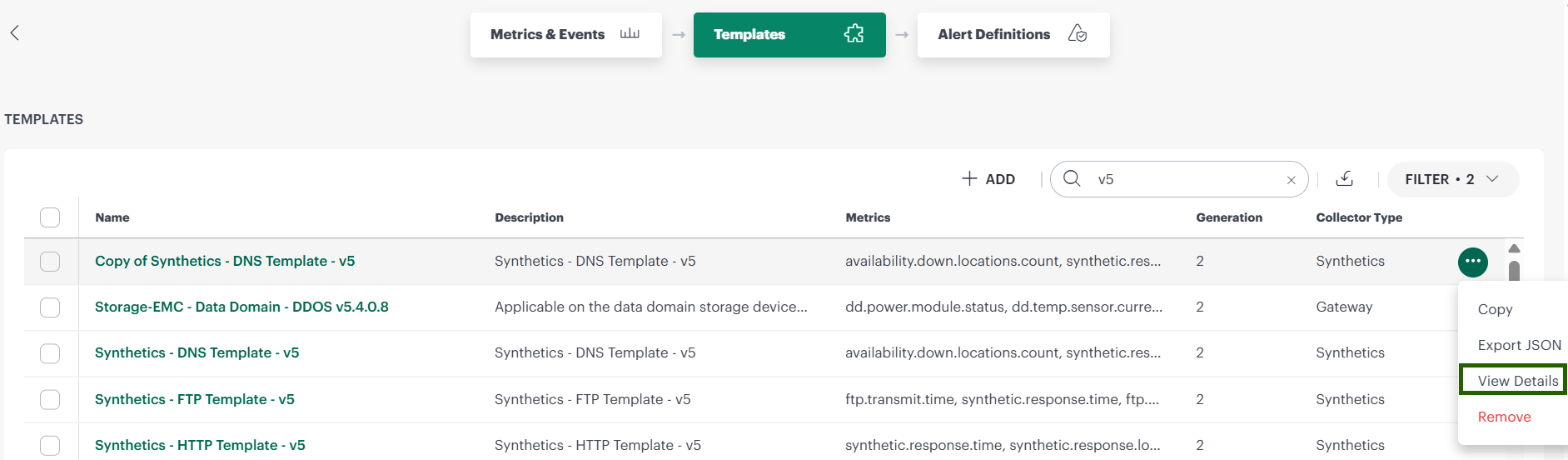 Cloned synthetic template menu