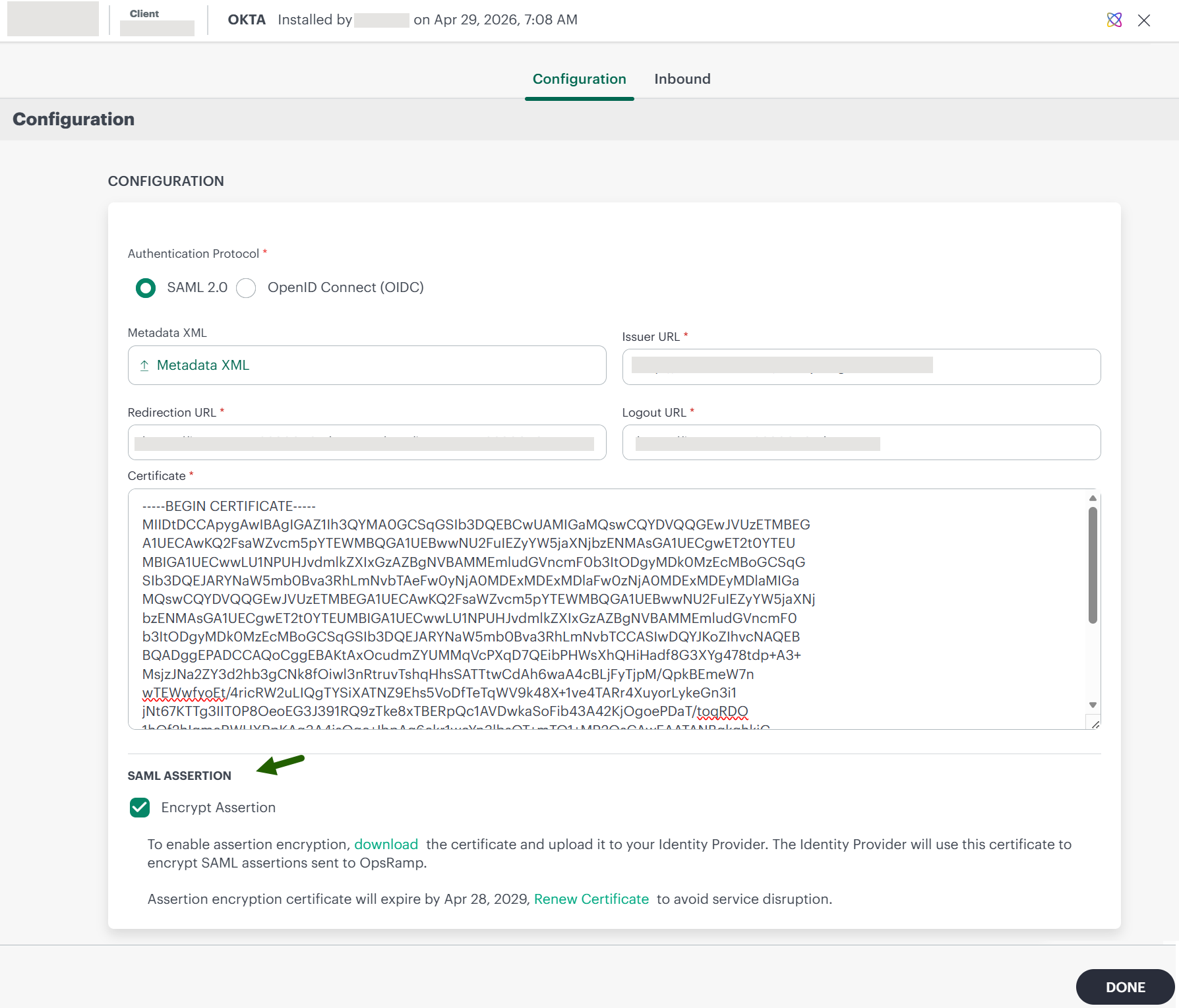 Encrypted SAML Assertions option