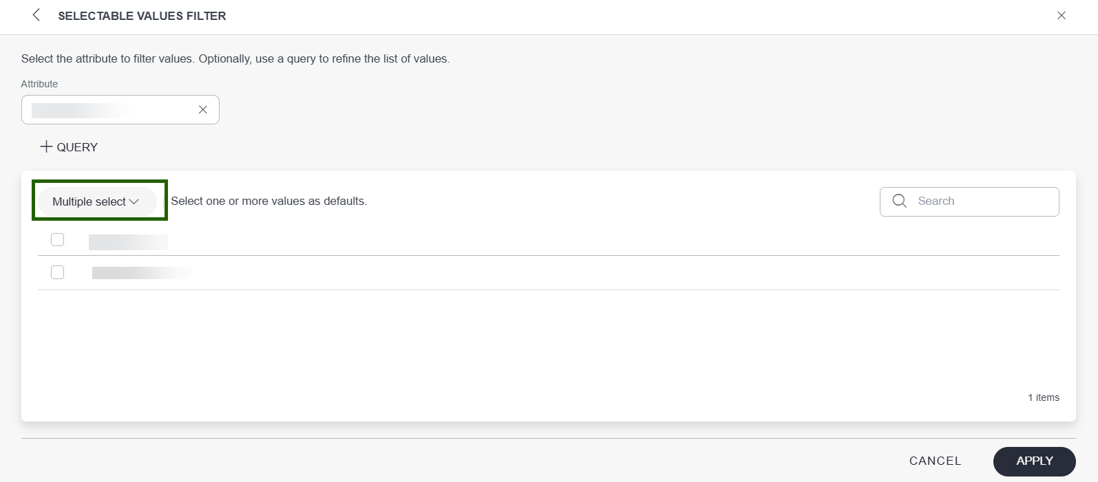 Selectable Values Filter