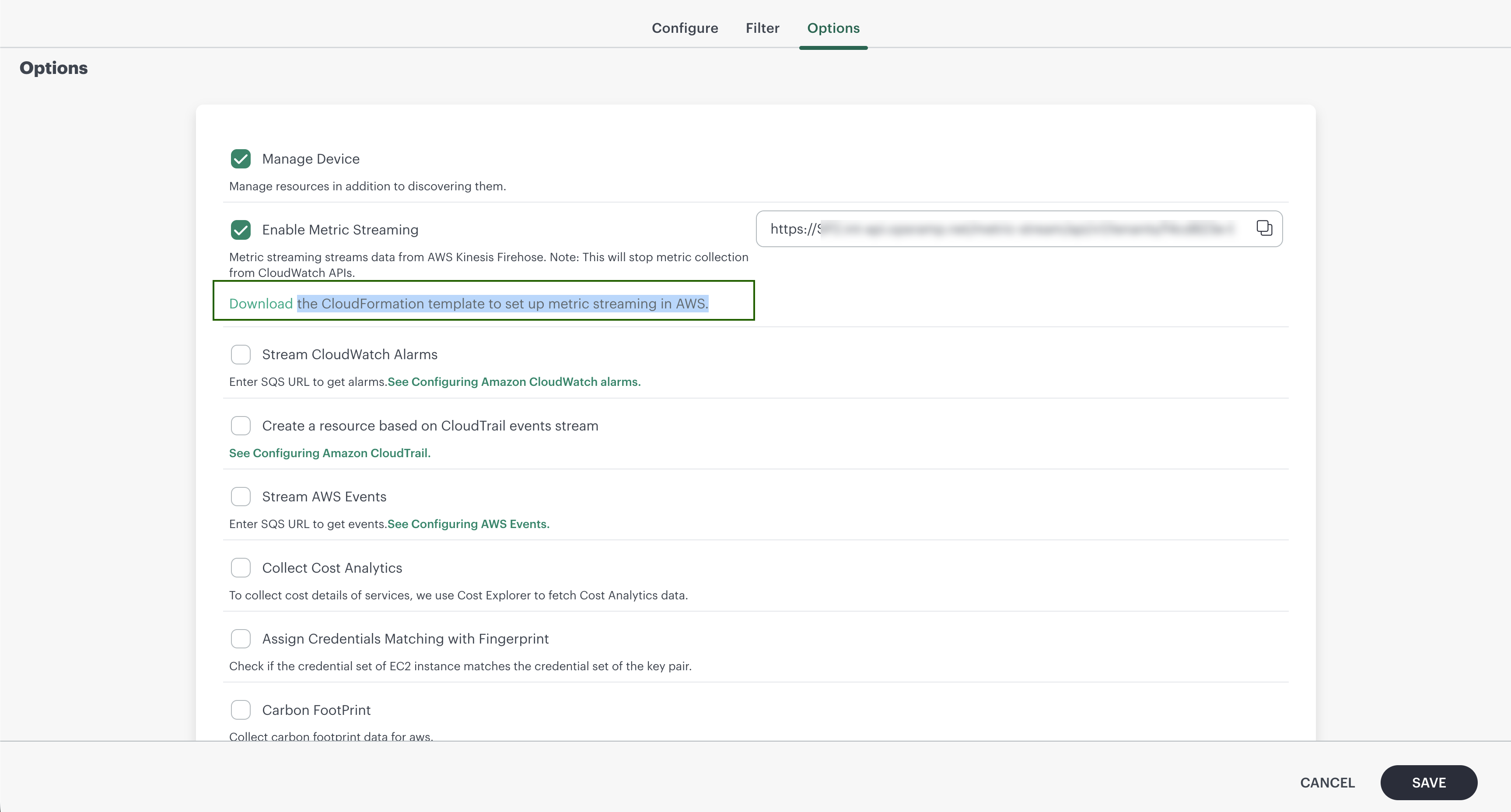 Download CloudFormation template for AWS metric streaming