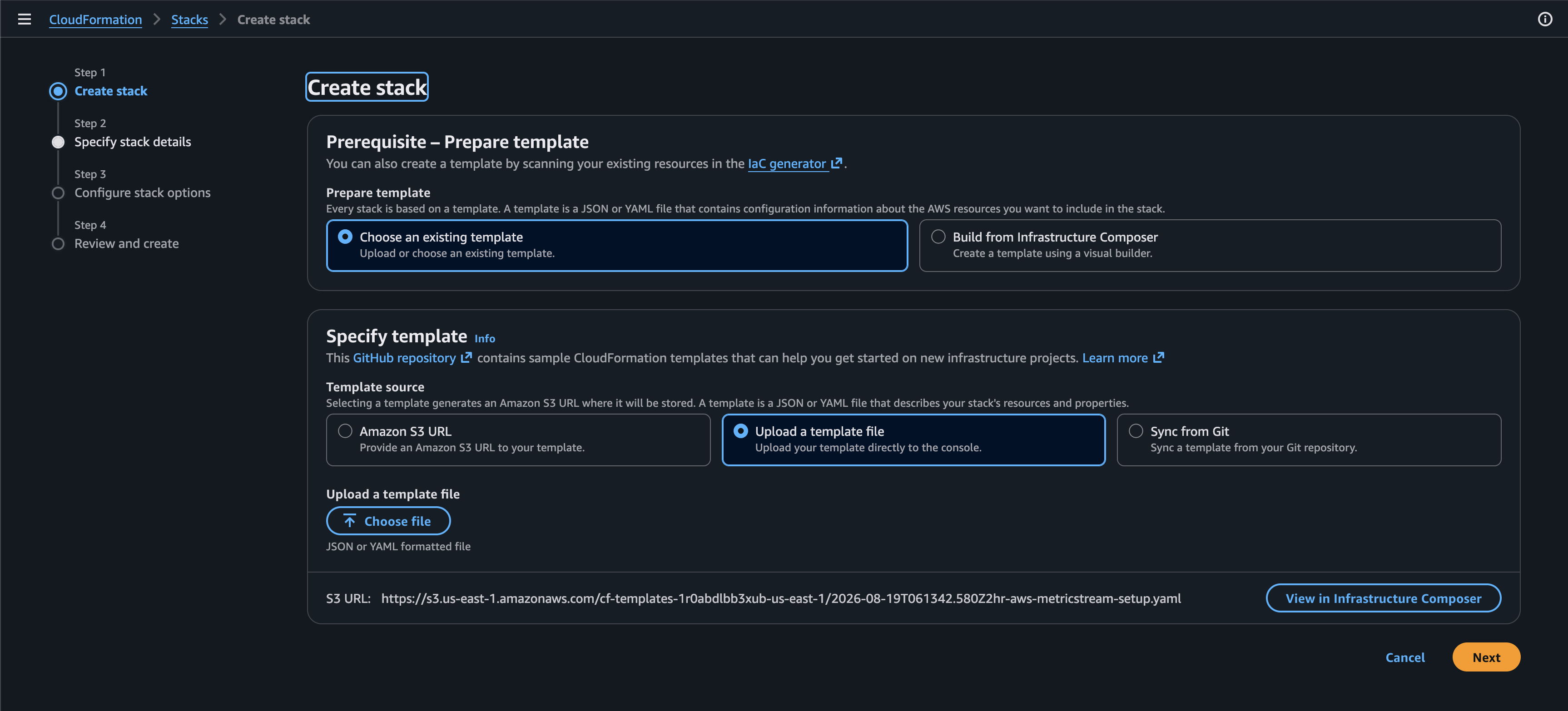 Upload the metric streaming CloudFormation template