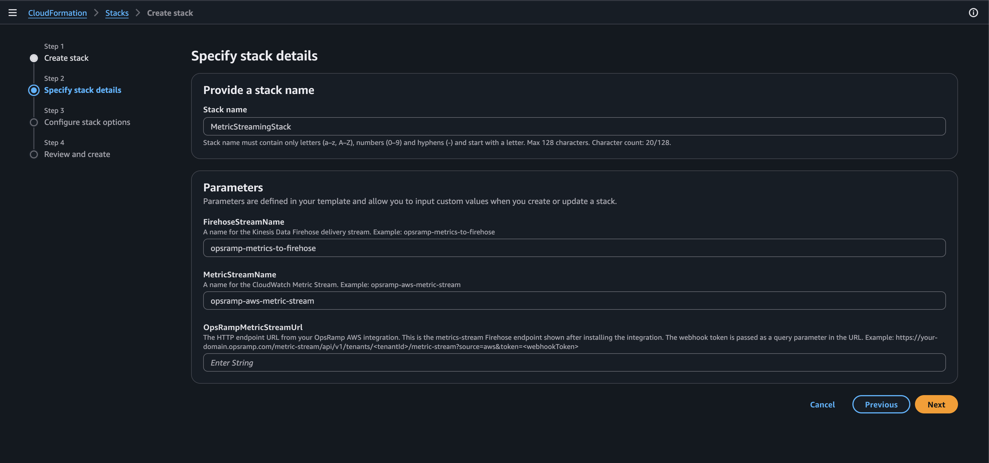Configure metric streaming parameters in CloudFormation