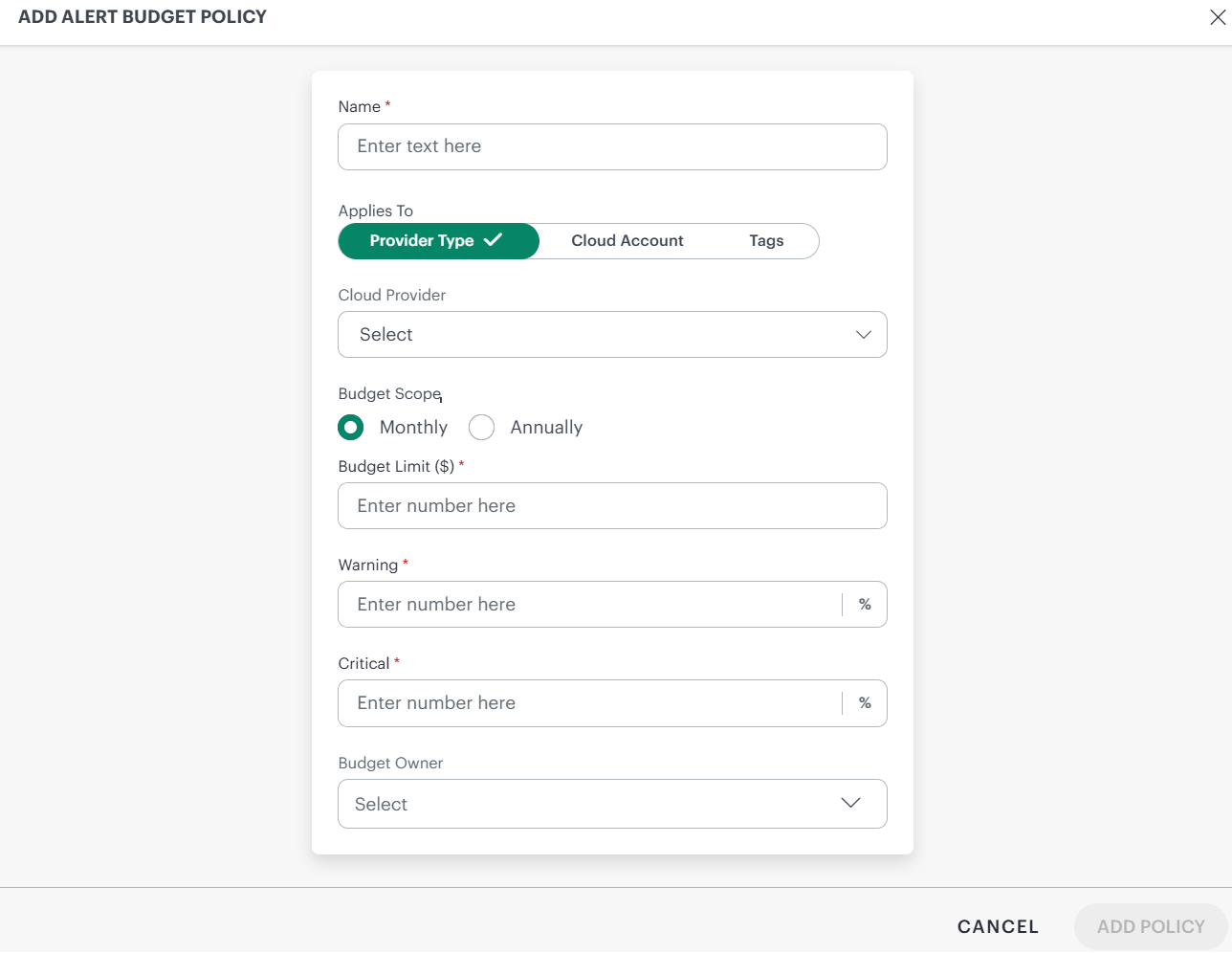 Add Budget based policy page