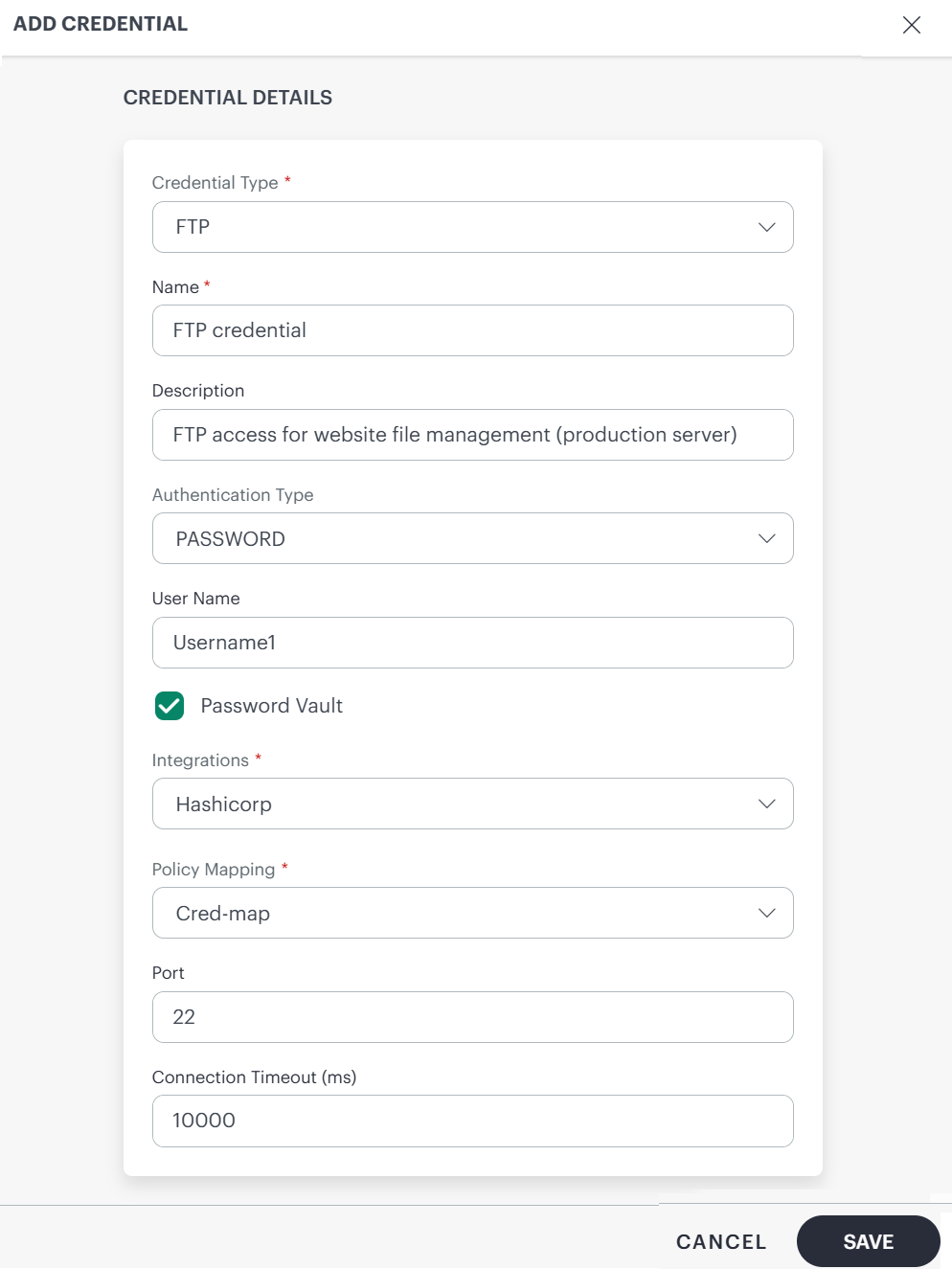 Create FTP Credentials screen