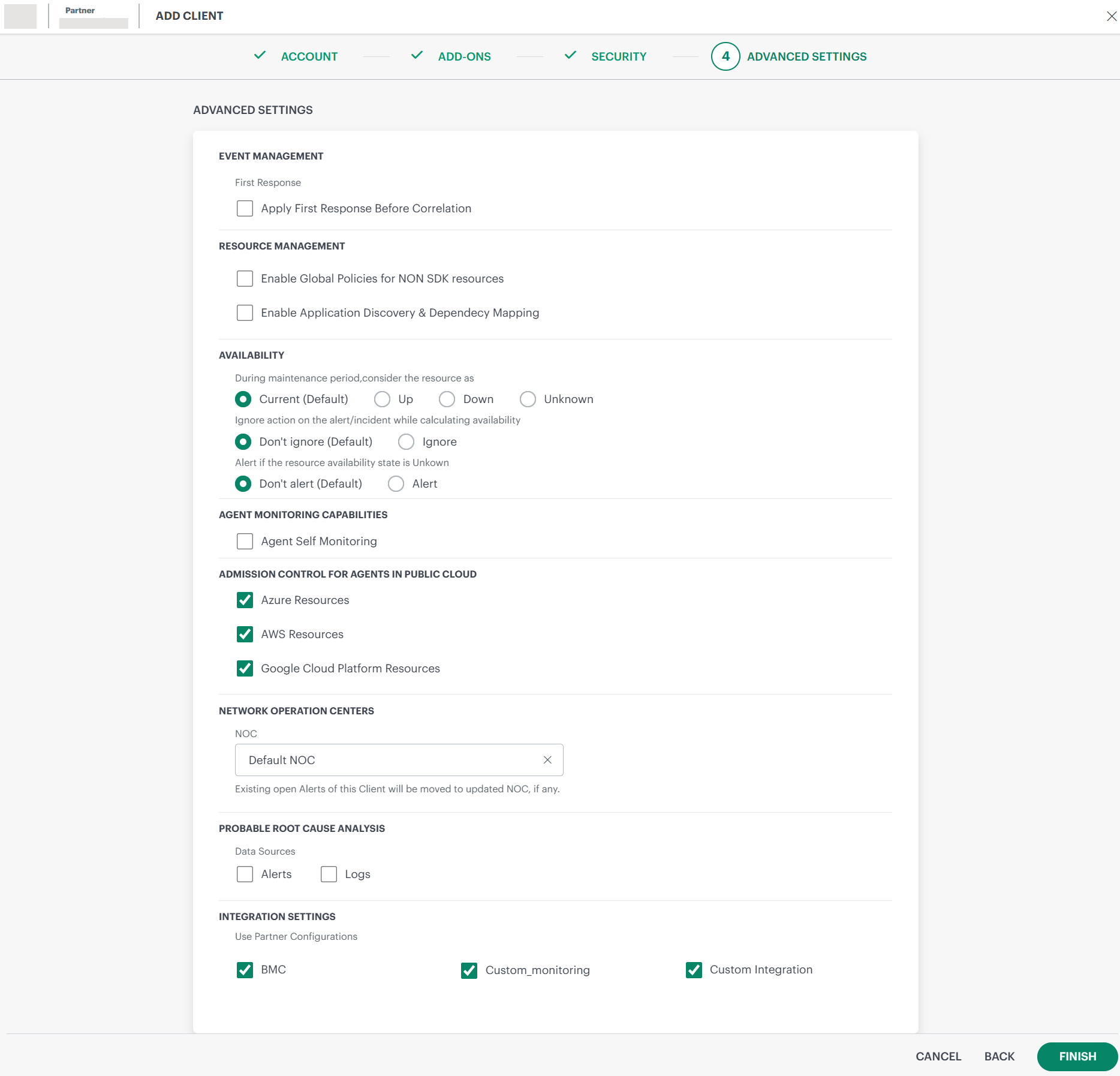 Advanced Settings screen