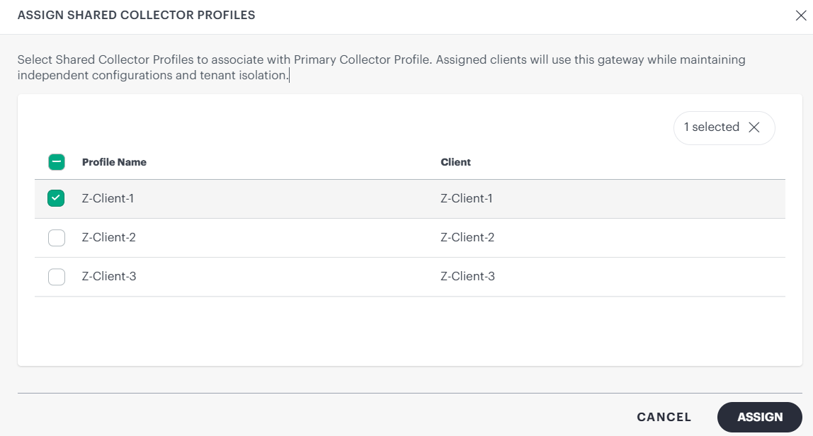 Assign Shared Profile window