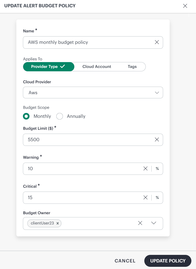 View Budget based policy details