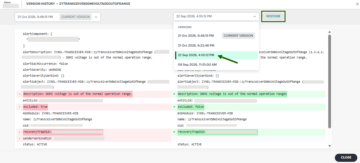 restore versions - SNMP trap