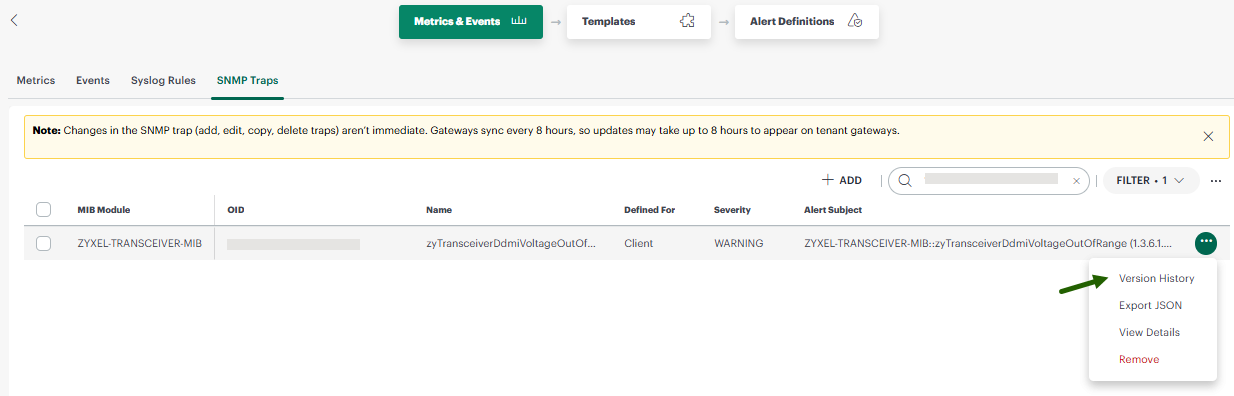 SNMP Traps version history option
