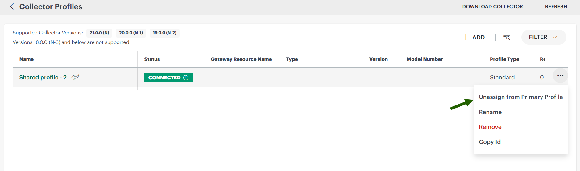 Unassign Shared Collector Profile option