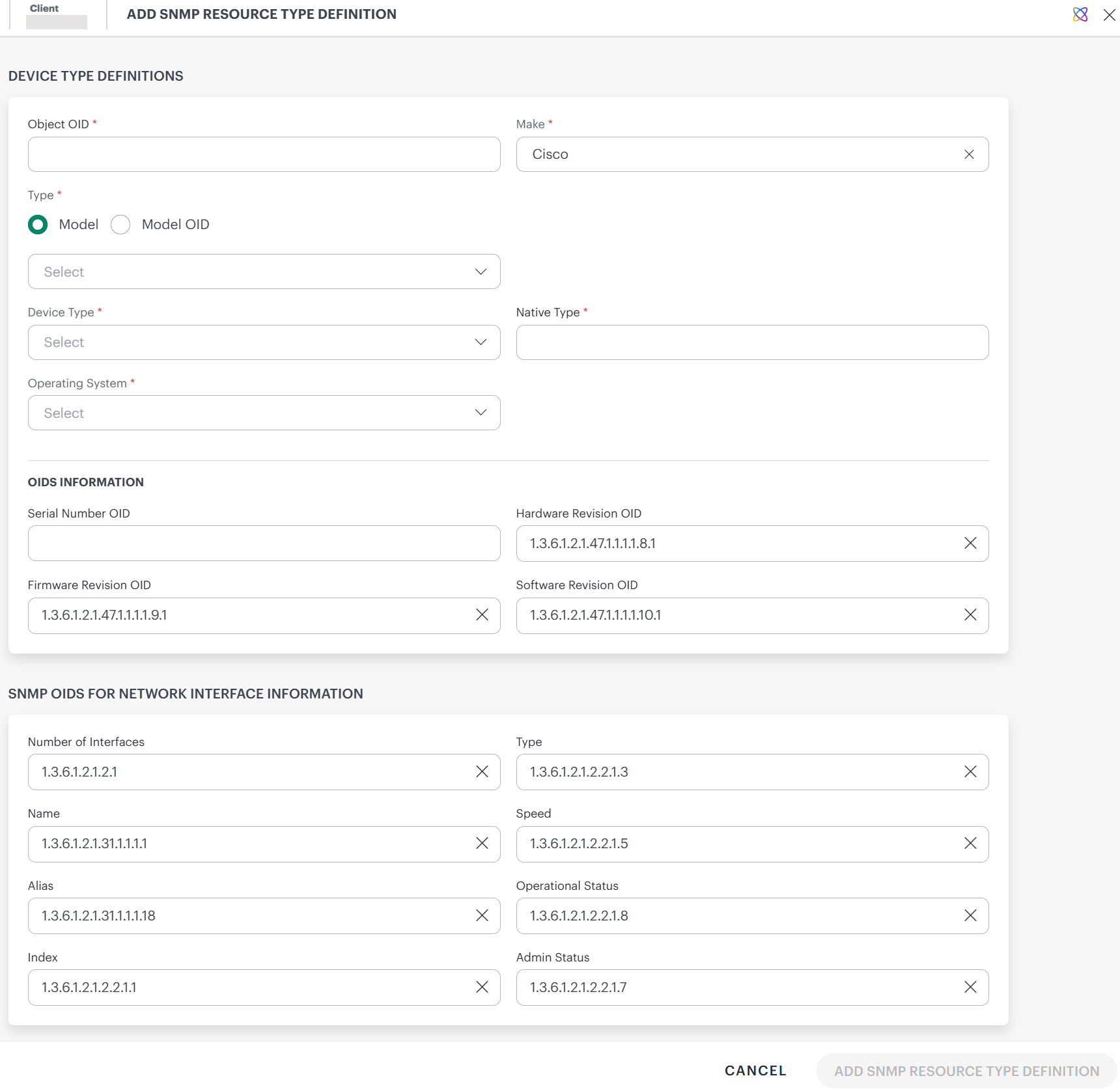 Add SNMP Resource Type Definitions page