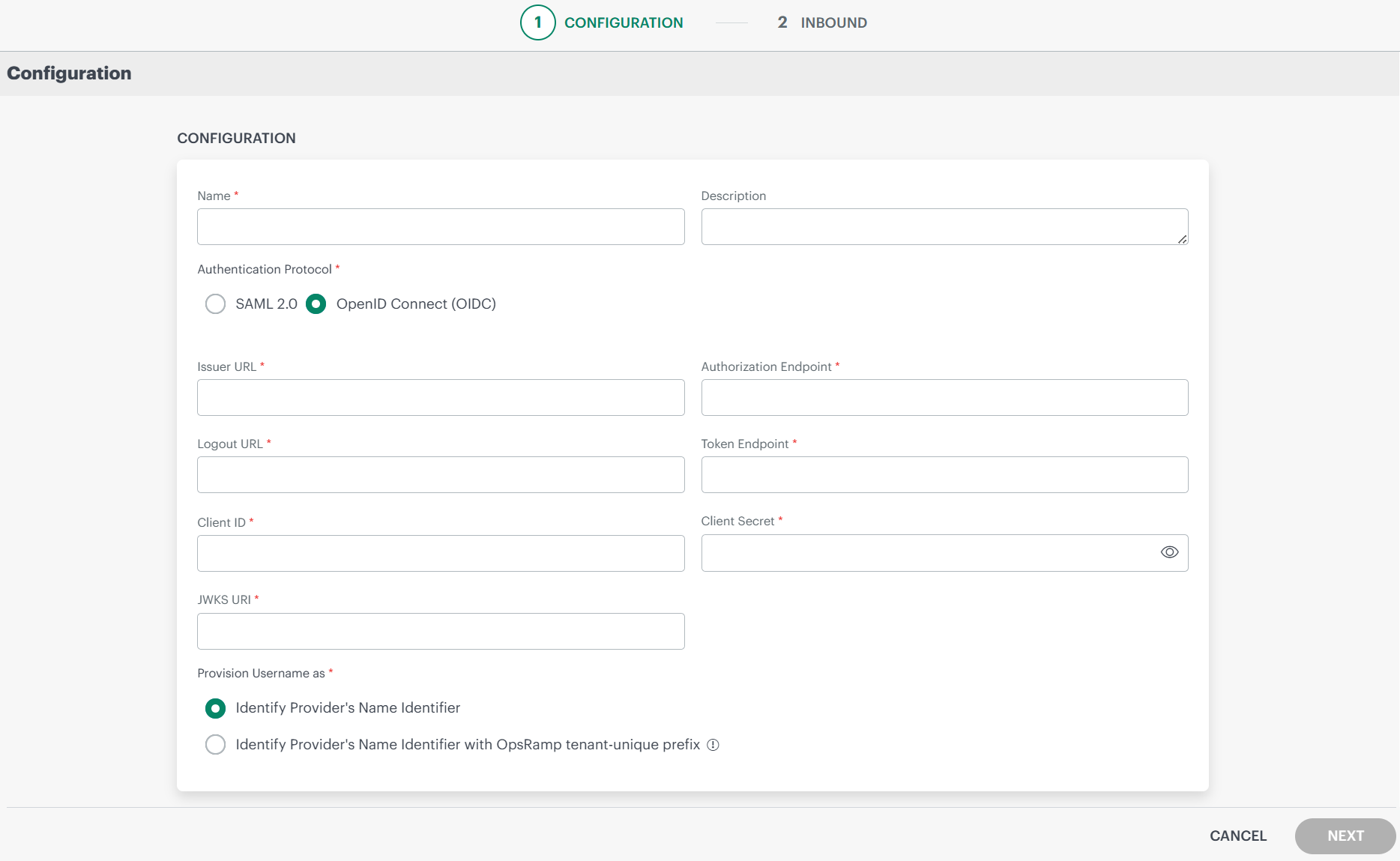 Custom SSO - Configuration screen