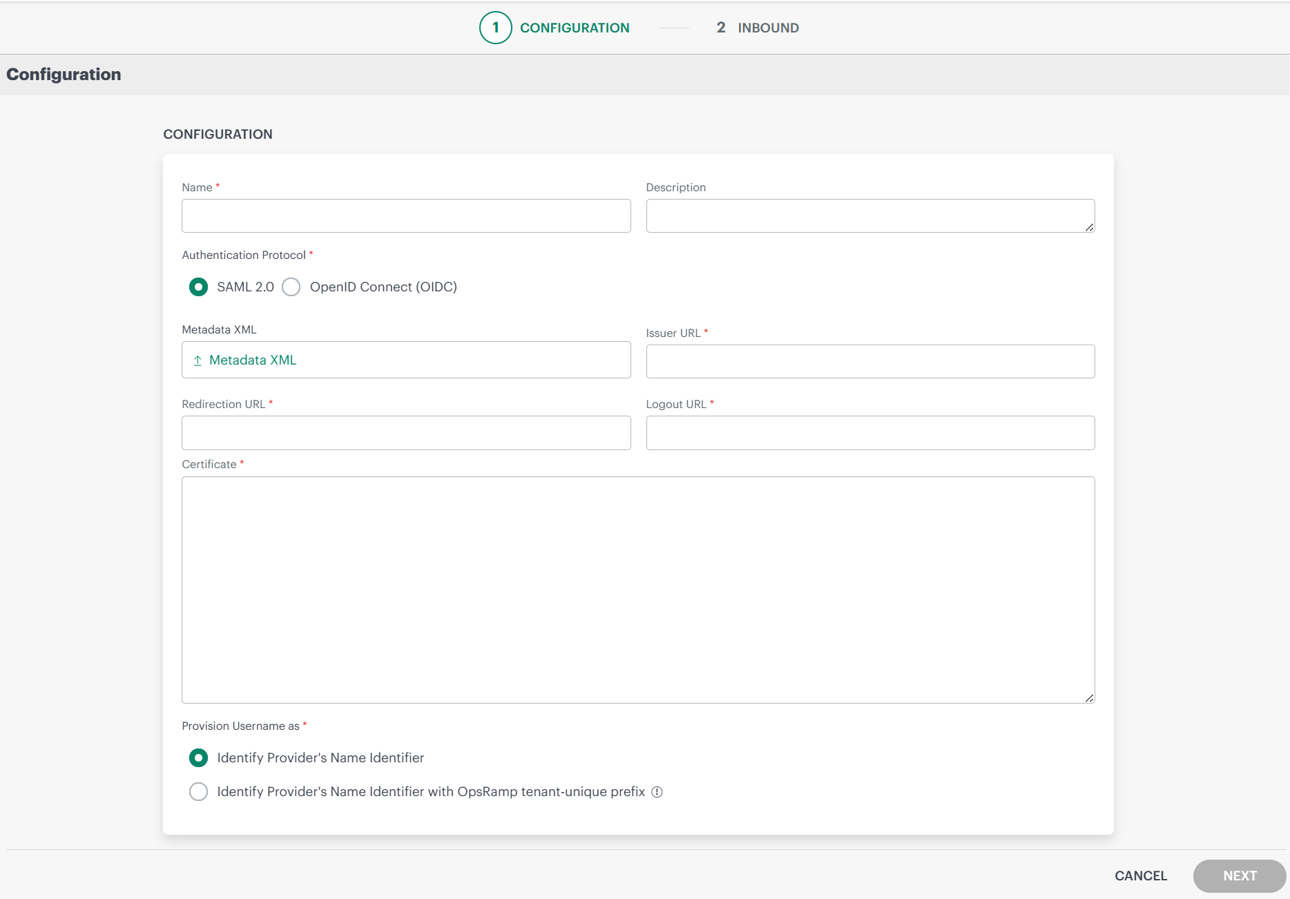 Custom SSO - Configuration screen