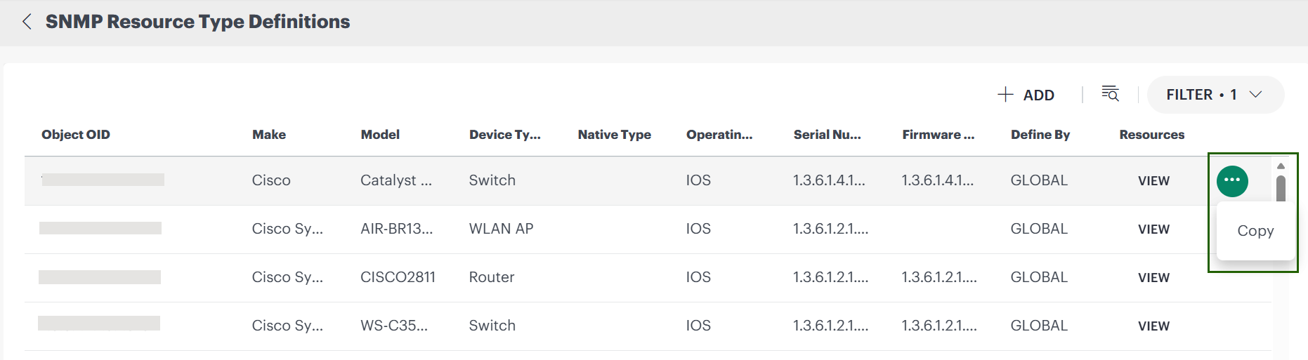 Copy SNMP Resource Type Definitions option