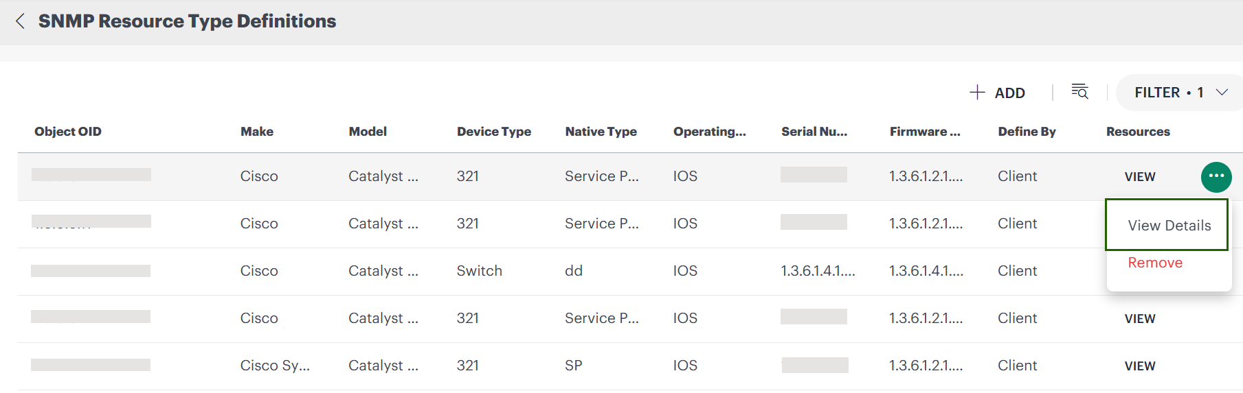 Edit SNMP Resource Type Definitions option